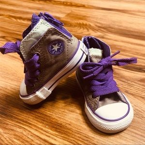 Purple and gray converse shoes